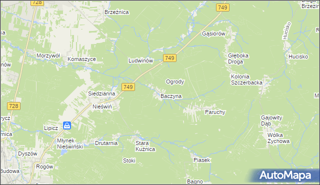 mapa Baczyna gmina Końskie, Baczyna gmina Końskie na mapie Targeo