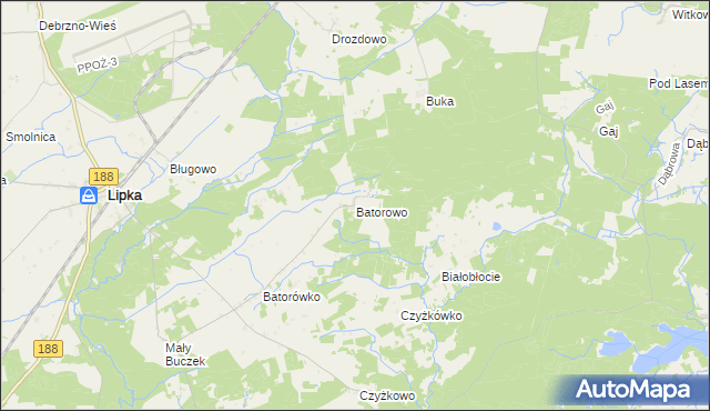 mapa Batorowo gmina Lipka, Batorowo gmina Lipka na mapie Targeo