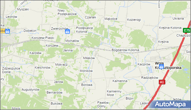 mapa Bogdanów gmina Wola Krzysztoporska, Bogdanów gmina Wola Krzysztoporska na mapie Targeo