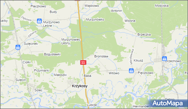 mapa Bronisław gmina Krzykosy, Bronisław gmina Krzykosy na mapie Targeo