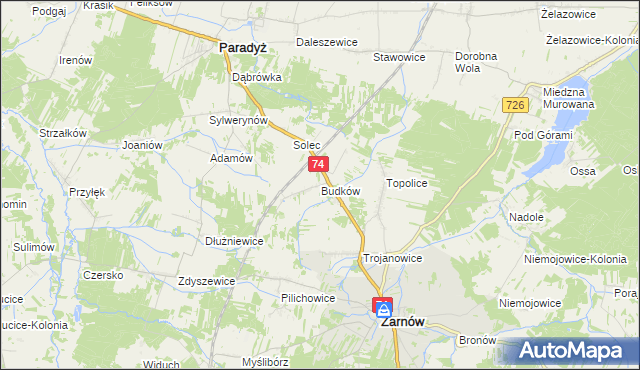 mapa Budków gmina Żarnów, Budków gmina Żarnów na mapie Targeo