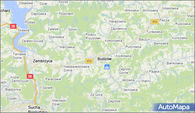 mapa Budzów powiat suski, Budzów powiat suski na mapie Targeo