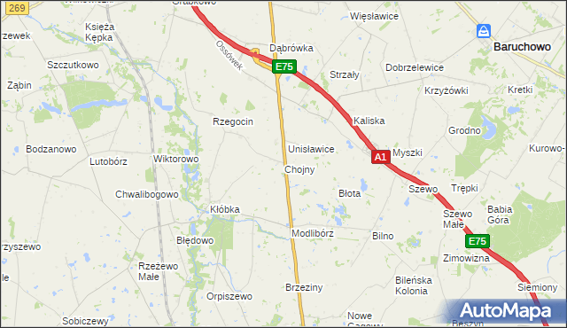 mapa Chojny gmina Lubień Kujawski, Chojny gmina Lubień Kujawski na mapie Targeo