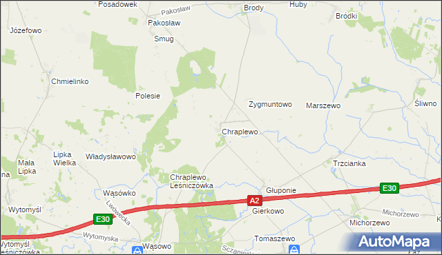 mapa Chraplewo gmina Kuślin, Chraplewo gmina Kuślin na mapie Targeo