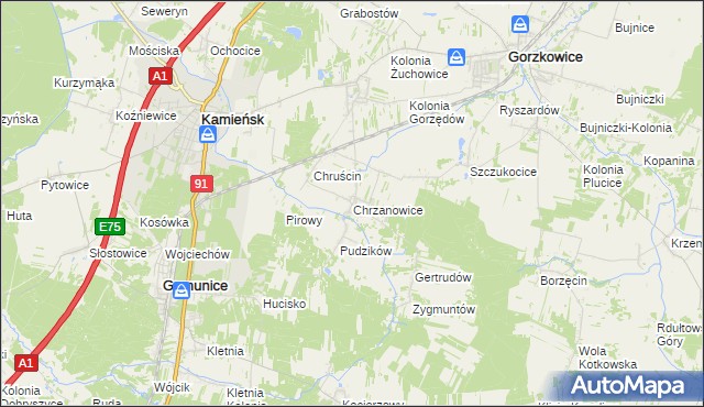 mapa Chrzanowice gmina Gomunice, Chrzanowice gmina Gomunice na mapie Targeo
