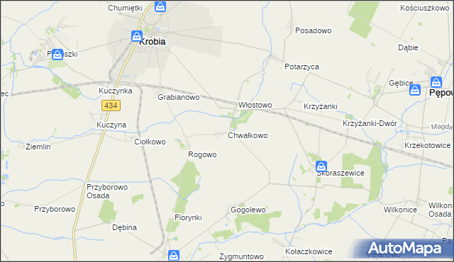 mapa Chwałkowo gmina Krobia, Chwałkowo gmina Krobia na mapie Targeo