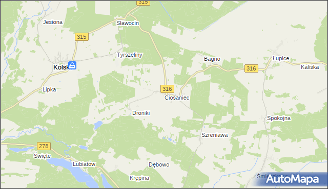 mapa Ciosaniec gmina Sława, Ciosaniec gmina Sława na mapie Targeo