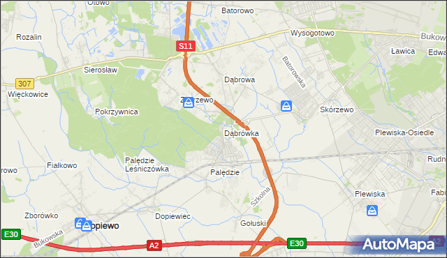 mapa Dąbrówka gmina Dopiewo, Dąbrówka gmina Dopiewo na mapie Targeo