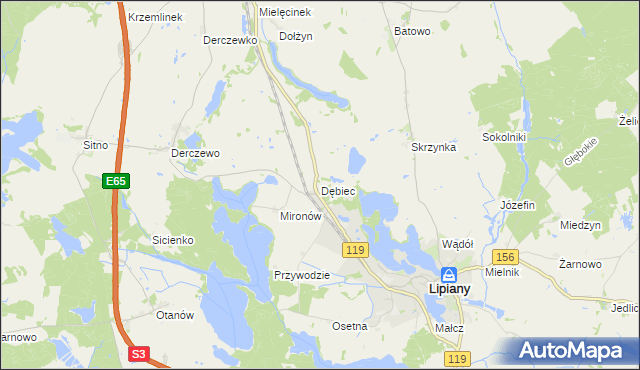 mapa Dębiec gmina Lipiany, Dębiec gmina Lipiany na mapie Targeo