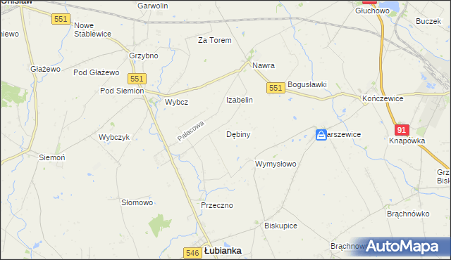 mapa Dębiny gmina Łubianka, Dębiny gmina Łubianka na mapie Targeo