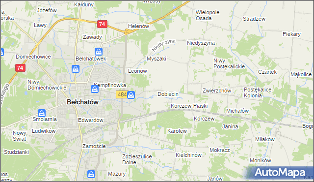 mapa Dobiecin gmina Bełchatów, Dobiecin gmina Bełchatów na mapie Targeo
