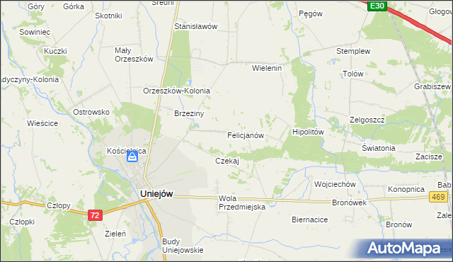 mapa Felicjanów gmina Uniejów, Felicjanów gmina Uniejów na mapie Targeo