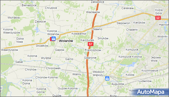 mapa Franciszków gmina Wolanów, Franciszków gmina Wolanów na mapie Targeo