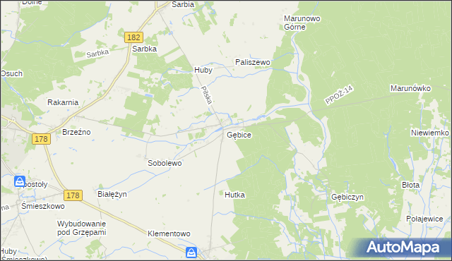 mapa Gębice gmina Czarnków, Gębice gmina Czarnków na mapie Targeo