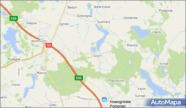 mapa Giżyn gmina Nowogródek Pomorski, Giżyn gmina Nowogródek Pomorski na mapie Targeo