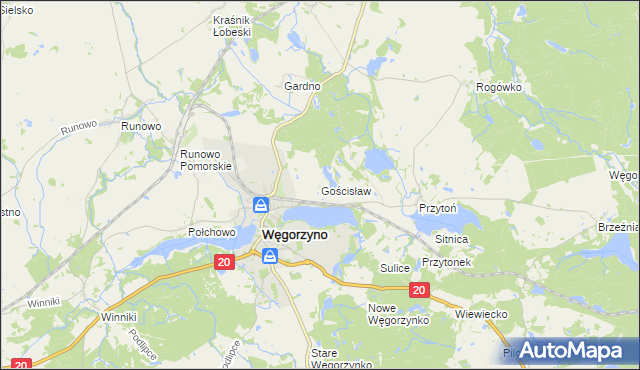 mapa Gościsław gmina Węgorzyno, Gościsław gmina Węgorzyno na mapie Targeo