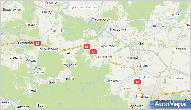 mapa Goździków gmina Gielniów, Goździków gmina Gielniów na mapie Targeo