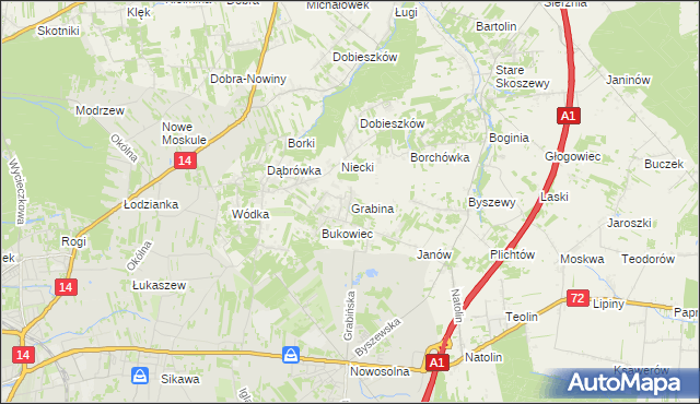 mapa Grabina gmina Nowosolna, Grabina gmina Nowosolna na mapie Targeo