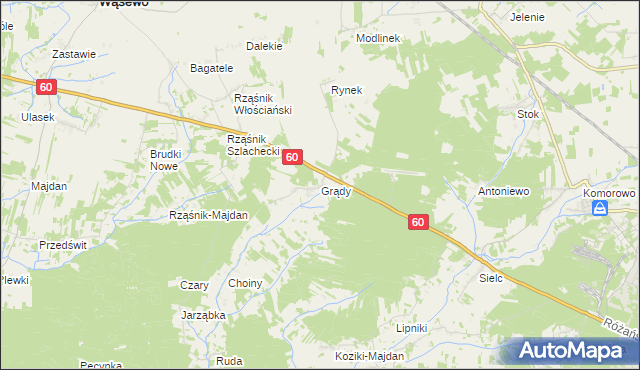 mapa Grądy gmina Wąsewo, Grądy gmina Wąsewo na mapie Targeo