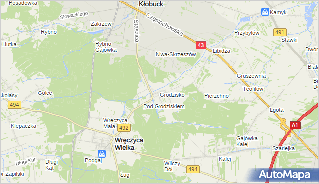 mapa Grodzisko gmina Wręczyca Wielka, Grodzisko gmina Wręczyca Wielka na mapie Targeo
