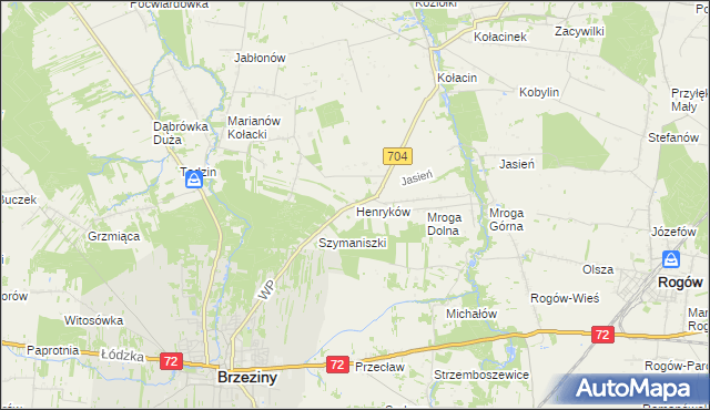 mapa Henryków gmina Brzeziny, Henryków gmina Brzeziny na mapie Targeo