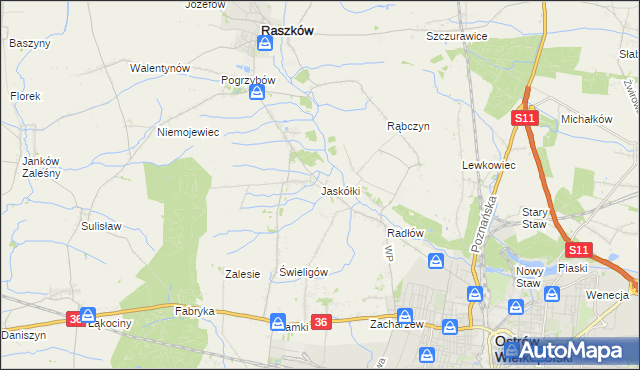 mapa Jaskółki gmina Raszków, Jaskółki gmina Raszków na mapie Targeo