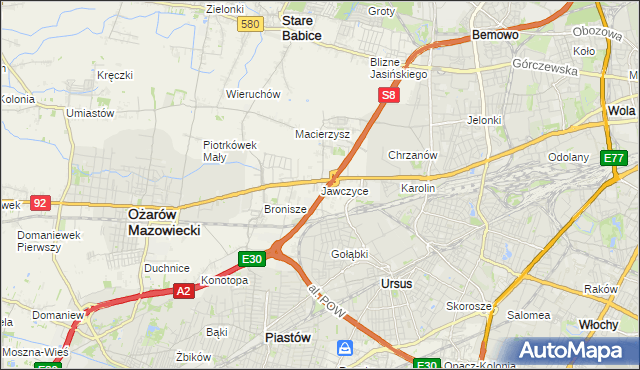 mapa Jawczyce gmina Ożarów Mazowiecki, Jawczyce gmina Ożarów Mazowiecki na mapie Targeo