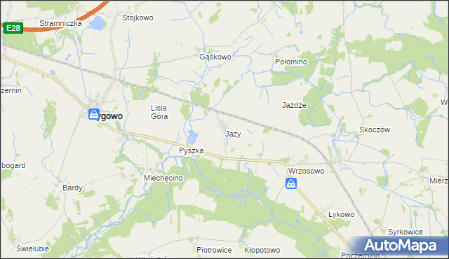 mapa Jazy gmina Dygowo, Jazy gmina Dygowo na mapie Targeo