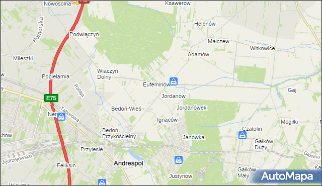 mapa Jordanów gmina Brzeziny, Jordanów gmina Brzeziny na mapie Targeo
