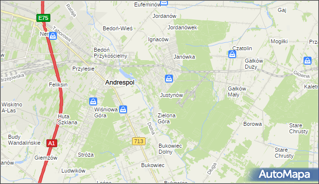 mapa Justynów gmina Andrespol, Justynów gmina Andrespol na mapie Targeo