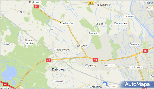 mapa Karczów gmina Dąbrowa, Karczów gmina Dąbrowa na mapie Targeo