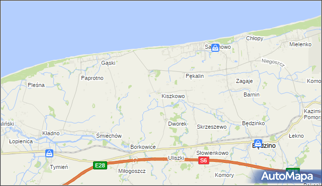 mapa Kiszkowo gmina Będzino, Kiszkowo gmina Będzino na mapie Targeo
