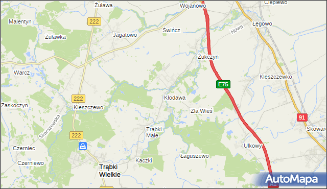 mapa Kłodawa gmina Trąbki Wielkie, Kłodawa gmina Trąbki Wielkie na mapie Targeo