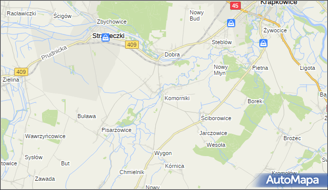 mapa Komorniki gmina Strzeleczki, Komorniki gmina Strzeleczki na mapie Targeo