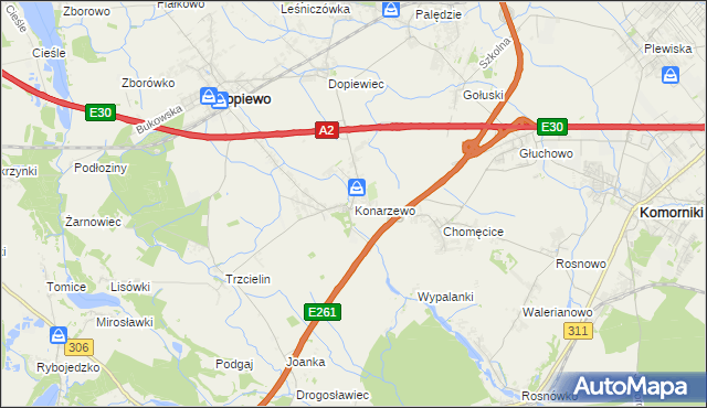 mapa Konarzewo gmina Dopiewo, Konarzewo gmina Dopiewo na mapie Targeo
