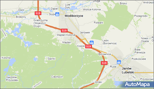 mapa Kopce gmina Janów Lubelski, Kopce gmina Janów Lubelski na mapie Targeo