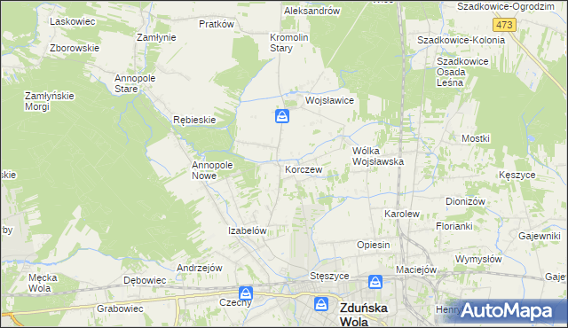 mapa Korczew gmina Zduńska Wola, Korczew gmina Zduńska Wola na mapie Targeo
