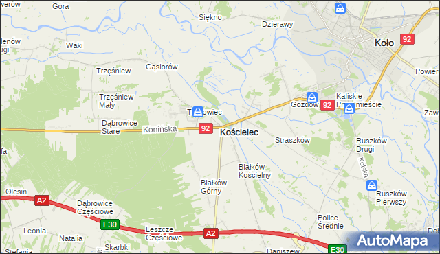 mapa Kościelec powiat kolski, Kościelec powiat kolski na mapie Targeo