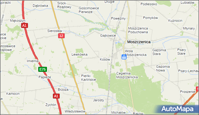 mapa Kosów gmina Moszczenica, Kosów gmina Moszczenica na mapie Targeo