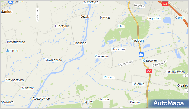 mapa Koszęcin gmina Deszczno, Koszęcin gmina Deszczno na mapie Targeo