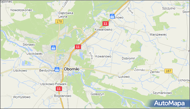 mapa Kowanowo gmina Oborniki, Kowanowo gmina Oborniki na mapie Targeo