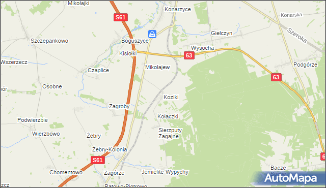 mapa Koziki gmina Śniadowo, Koziki gmina Śniadowo na mapie Targeo