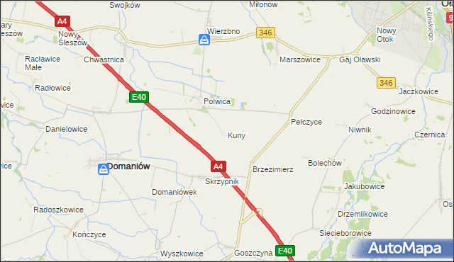mapa Kuny gmina Domaniów, Kuny gmina Domaniów na mapie Targeo