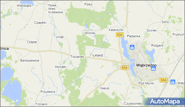 mapa Łabędź gmina Ryńsk, Łabędź gmina Ryńsk na mapie Targeo