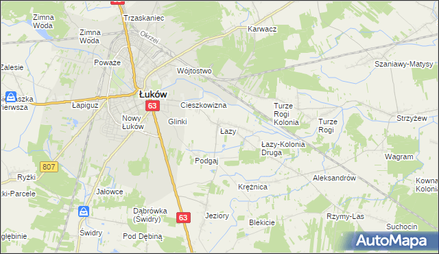 mapa Łazy gmina Łuków, Łazy gmina Łuków na mapie Targeo