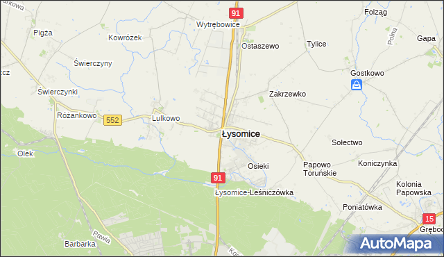 mapa Łysomice powiat toruński, Łysomice powiat toruński na mapie Targeo