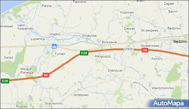 mapa Miłogoszcz gmina Będzino, Miłogoszcz gmina Będzino na mapie Targeo