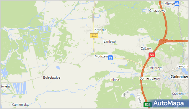 mapa Modrzewie gmina Goleniów, Modrzewie gmina Goleniów na mapie Targeo