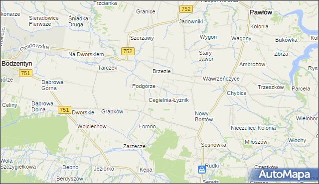 mapa Modrzewie gmina Pawłów, Modrzewie gmina Pawłów na mapie Targeo