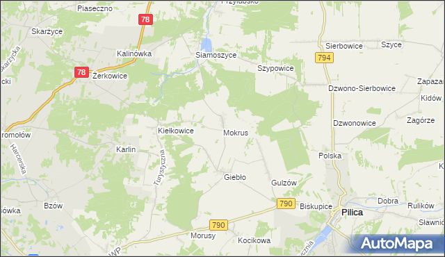 mapa Mokrus gmina Ogrodzieniec, Mokrus gmina Ogrodzieniec na mapie Targeo